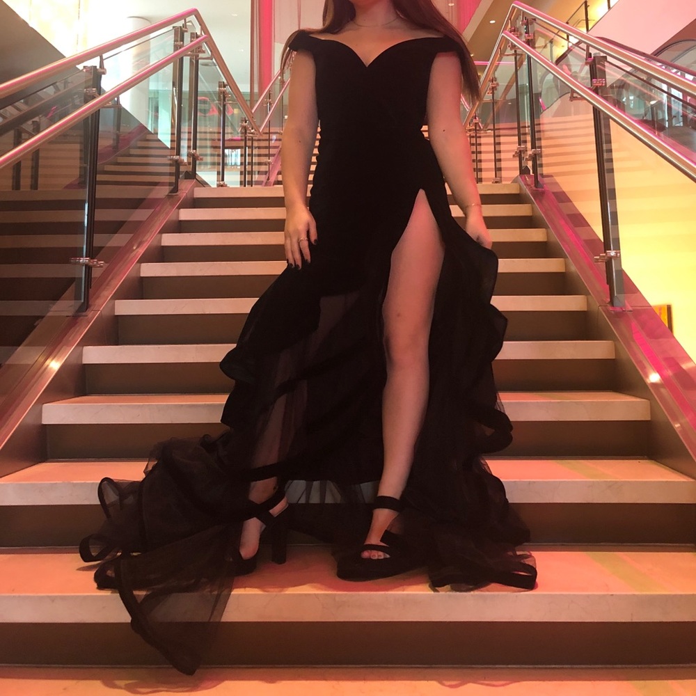 Mac Duggal Off The Shoulder Tiered Ballgown Velvet
